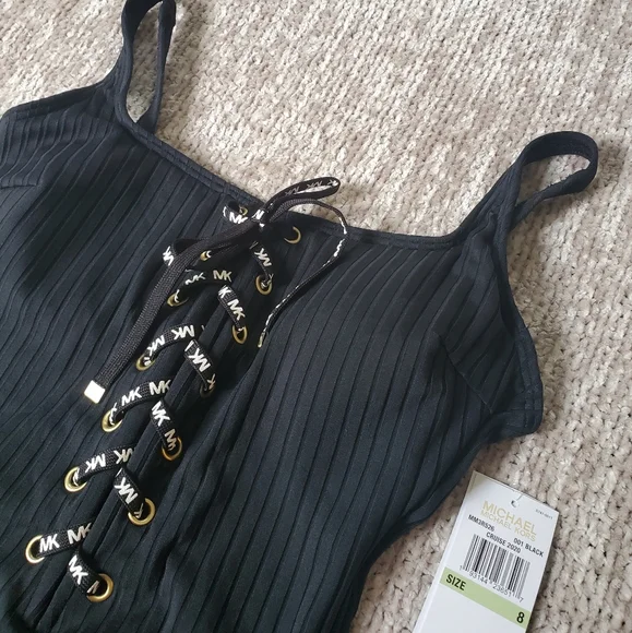 Michael Kors Lace-Up Textured One-Piece Swimsuit in Black - Picture 4 of 7